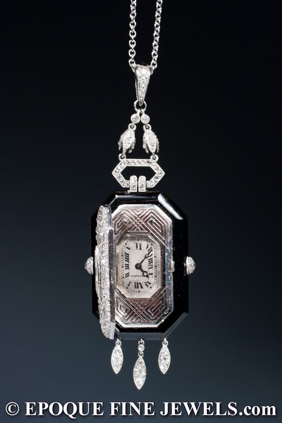   Boucheron - A very rare Art Deco onyx and diamond pendant watch | MasterArt